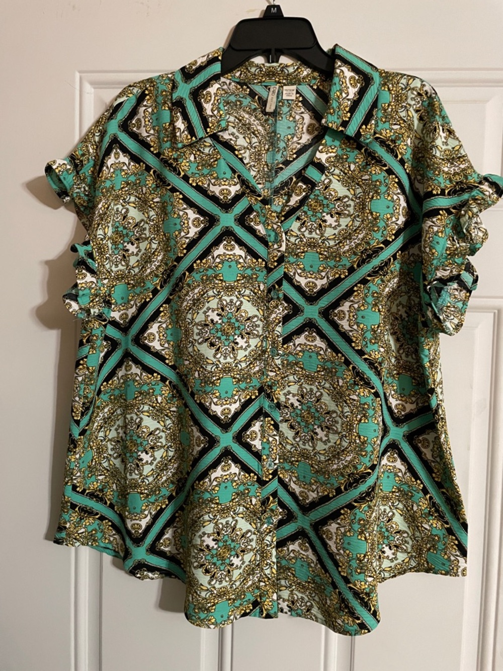Cato Turquoise Black Gold Print Button-Down Blouse